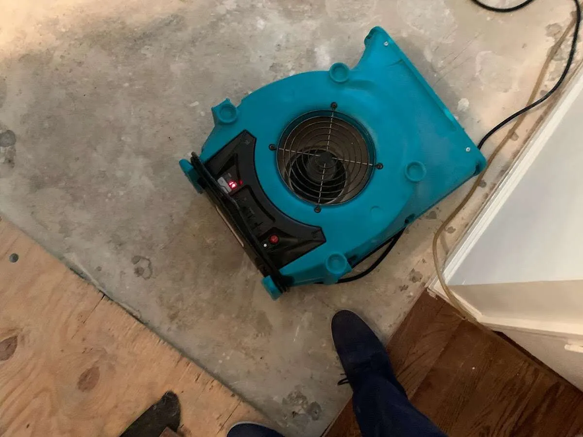 Air mover drying subfloor during Commercial Water Damage Restoration in Ash